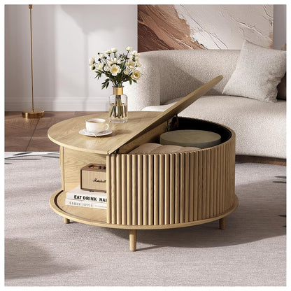 Round Coffee Table with Storage, 31.5" Natural Oak Drum Table for Small Space, Fluted Wood Center Table with Hidden Compartment, Modern Farmhouse Furniture for Living Room Organization
