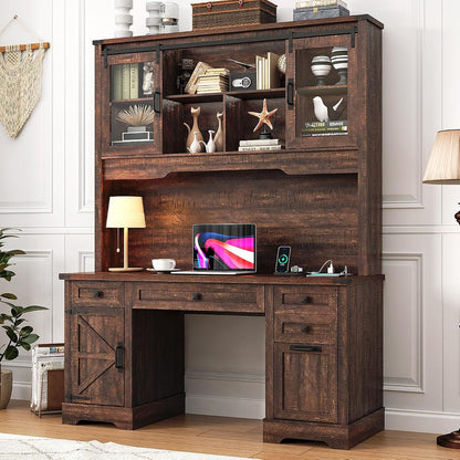 76" Height Farmhouse Desk with Sliding Door Hutch