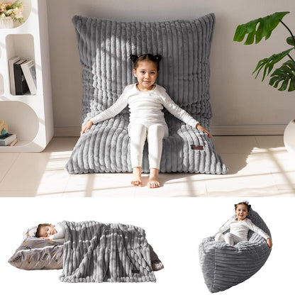3 in 1 Kids Bean Bag Chair, Convertible Child Chair Folds Bean Bag with Removed Cover, Soft Fur Fabric Floor Couch with High-Density Foam Filling for Living Room Bedroom, Grey