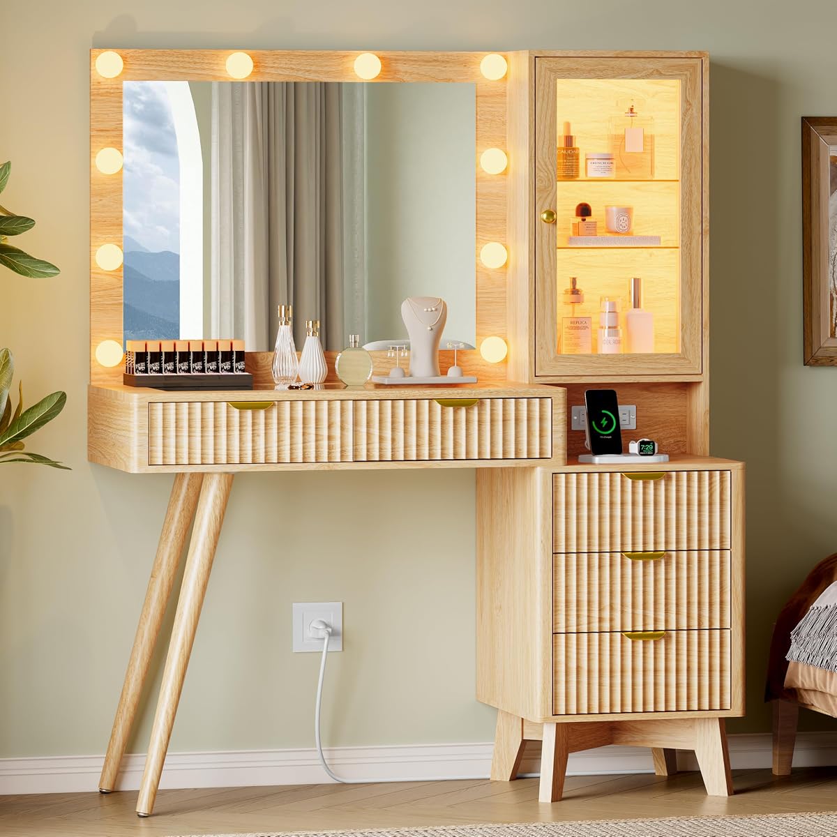 45" Fluted Makeup Vanity Desk with Mirror & Lights, Oak