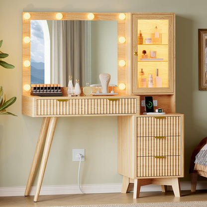 45" Fluted Makeup Vanity Desk with Mirror & Lights, Oak
