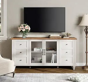 Glass Door TV Stand for 65 Inch TV with Storage Cabinet, Off White, view 2