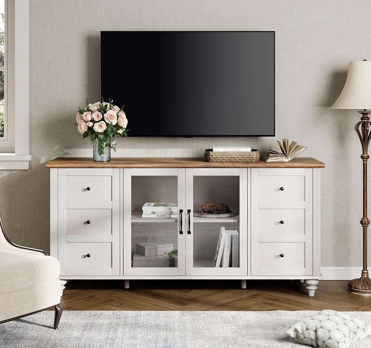Glass Door TV Stand for 65 Inch TV with Storage Cabinet, Off White