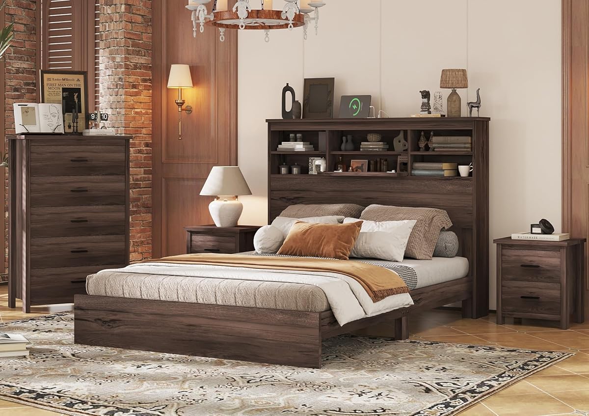 4-Pcs Queen Size Bed Frame & Dresser & 2 Night Stand Bedroom Set, Platform Bed with USB Charging Ports Storage Headboard, Cabinet Dresser with 5 Drawers, Nightstands, Wooden, Dark Walnut