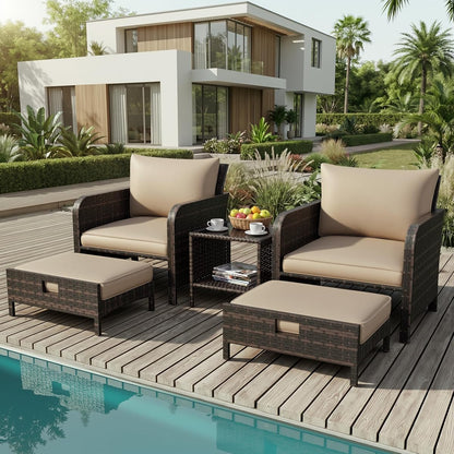 Patio Conversation Set 5 Piece, Balcony Furniture Outdoor PE Rattan Wicker Lounge Chairs with Soft Cushions, 2 Ottomans & Glass Table for Porch Lawn, Brown (Khaki Cushions