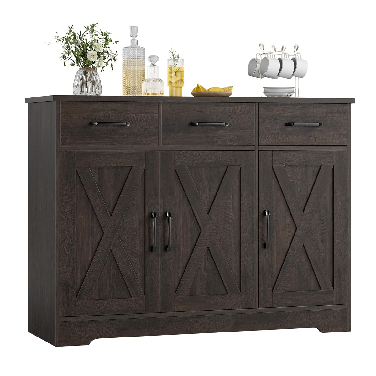Modern Farmhouse Buffet Sideboard Cabinet, Barn Doors Storage Cabinet with Drawers and Shelves, Wood Coffee Bar with Storage for Dining Room, Kitchen, Living Room, Dark Brown
