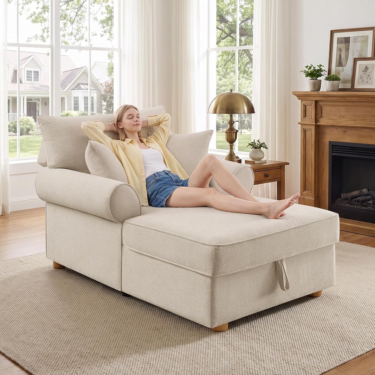 63.78" Oversized Chaise Lounge Chair with Storage, Chenille Beige