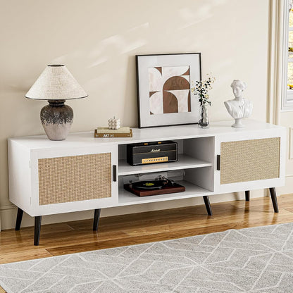TV Stand with Rattan Doors for TVs up to 65", Mid-Century, White