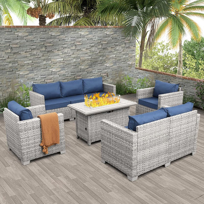 Patio Furniture Set 5 Piece Outdoor Furniture with Fire Pit Table, Grey Wicker Sectional Sofa Couch Sets Backyard Deep Seating PE Rattan Chairs with Navy Blue Cushion