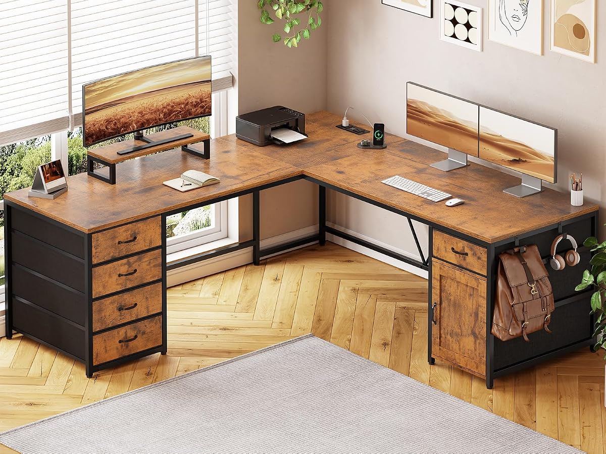 63'' L Shaped Desk with 5 Drawers,Corner Desk with Monitor Shelf