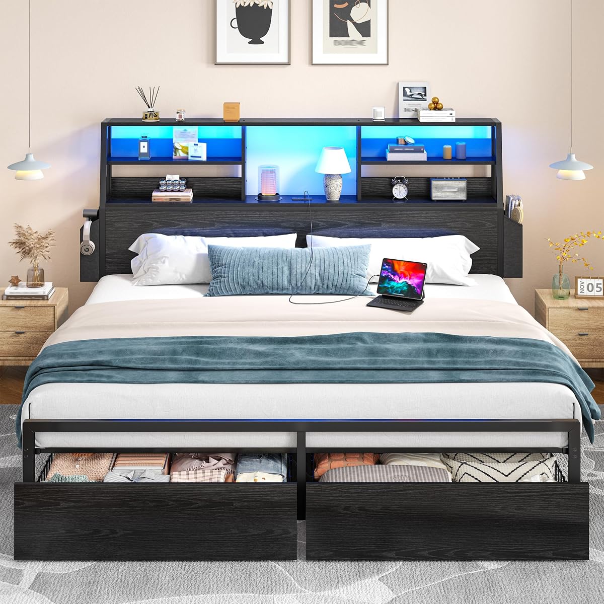 King Bed Frame with 3-Tier Storage Headboard&2 Drawers, Noise-Free