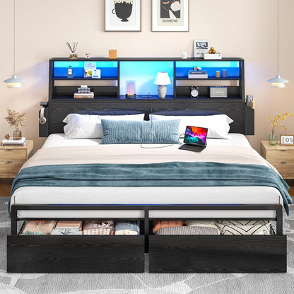 King Bed Frame with 3-Tier Storage Headboard&2 Drawers, Noise-Free