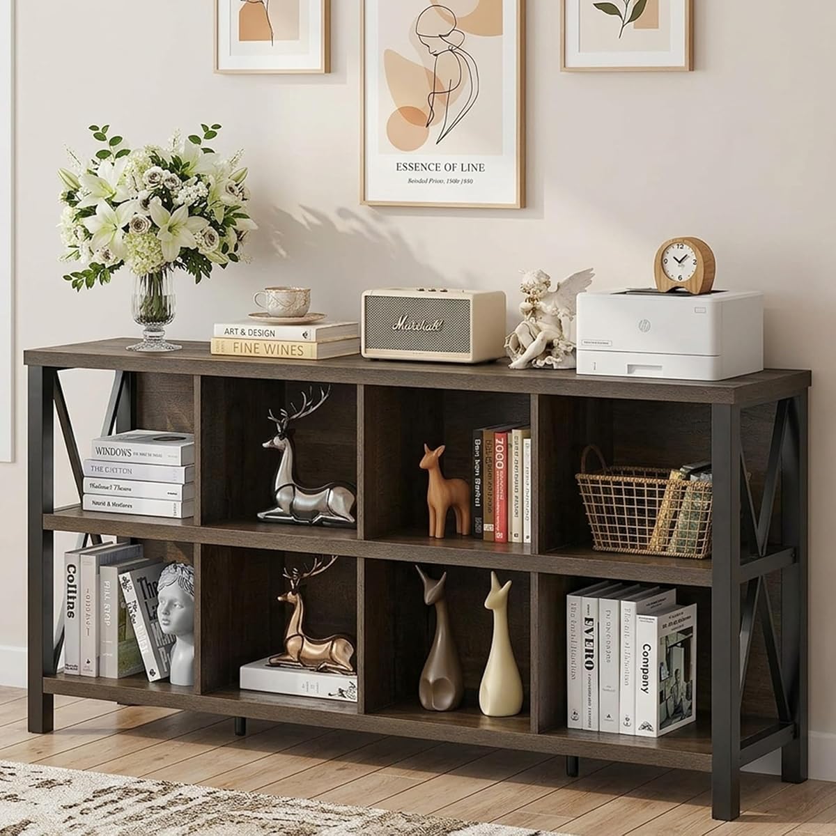 8 Cube Storage Organizer Bookshelf, 62 Inch Wood Horizontal Bookcase