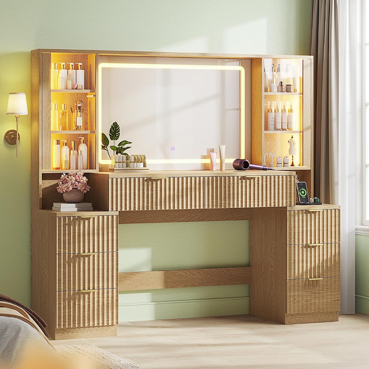 Big Vanity, Fluted Wood Makeup Vanity with Mirror Lights, Oak Vanity Desk
