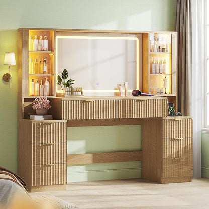 Big Vanity, Fluted Wood Makeup Vanity with Mirror Lights, Oak Vanity Desk