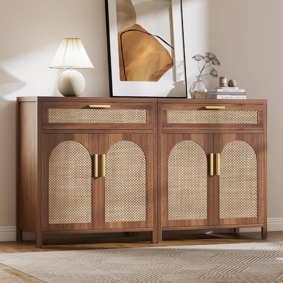 Rattan Buffet Cabinet with Storage Set of 2