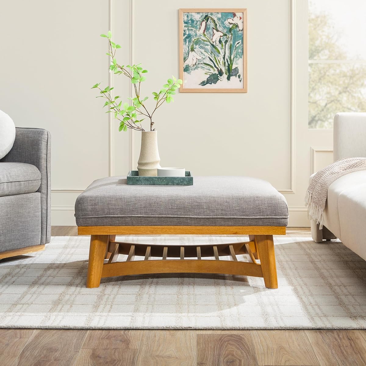 Nash Modern Farmhouse Large Oversized Linen Ottoman, Dark Grey
