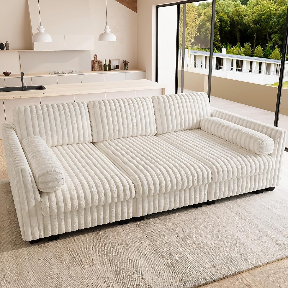Plush Corduory Sectional Sleeper Sofa with Wide Deep Seat Modular Sectional Cloud Couches for Living Room. Beige Couch