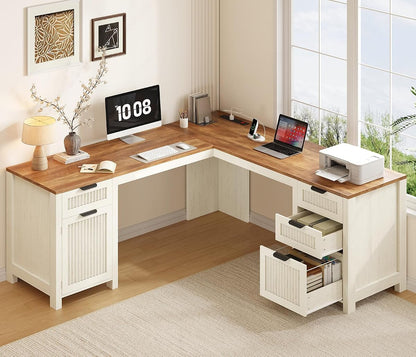 59" Farmhouse L Shaped Desk with Drawers & Storage Cabinet for Home Office