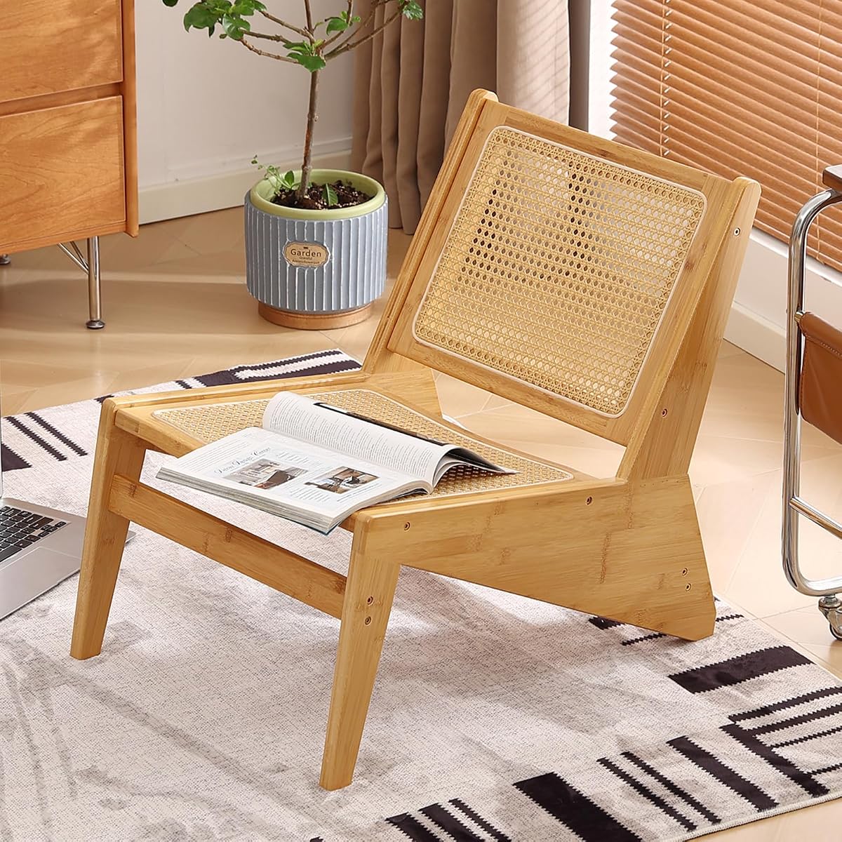 Mid Century Rattan Accent Chair, Bamboo Wood Lounge Chair with Woven Cane Backrest, Low Armchair for Living Room, Bedroom, Balcony or Reading Corner, Natural