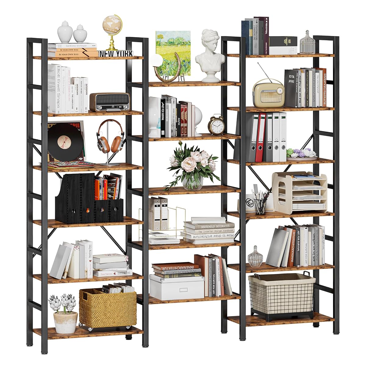 Bookshelves 6 Tiers Triple Wide Industrial Bookshelf, Large Etagere Bookshelf Open Display Shelves with Metal Frame for Living Room Bedroom Home Office