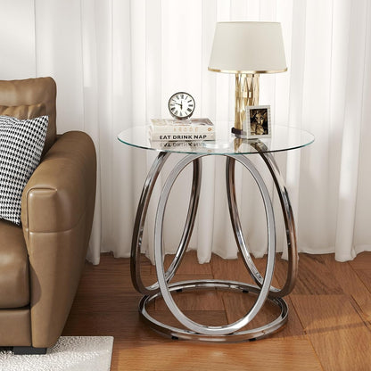 Silver End Table for Living Room, Glass Side Table for Bedroom, Modern Round Glass Nightstand with Metal Frames for Home Office, Chrome Finish, 1 PC