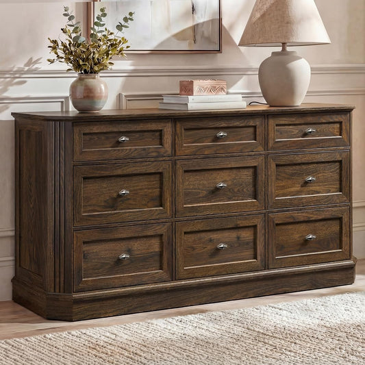Farmhouse 9 Drawers Walnut Dresser for Bedroom