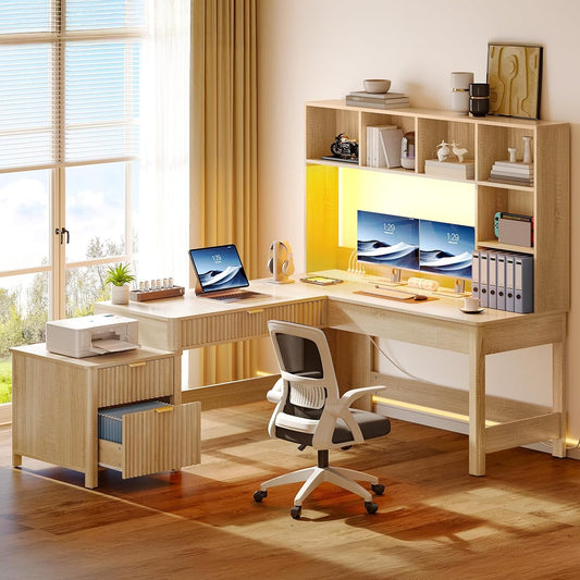 L Shaped Desk with Hutch and Drawers, 67" Computer Desk Gaming Desk with Power Outlets & LED Lights, Wood Home Office Desk with Printer Stand, Fluted Sturdy Writing Workstation, Natural Oak