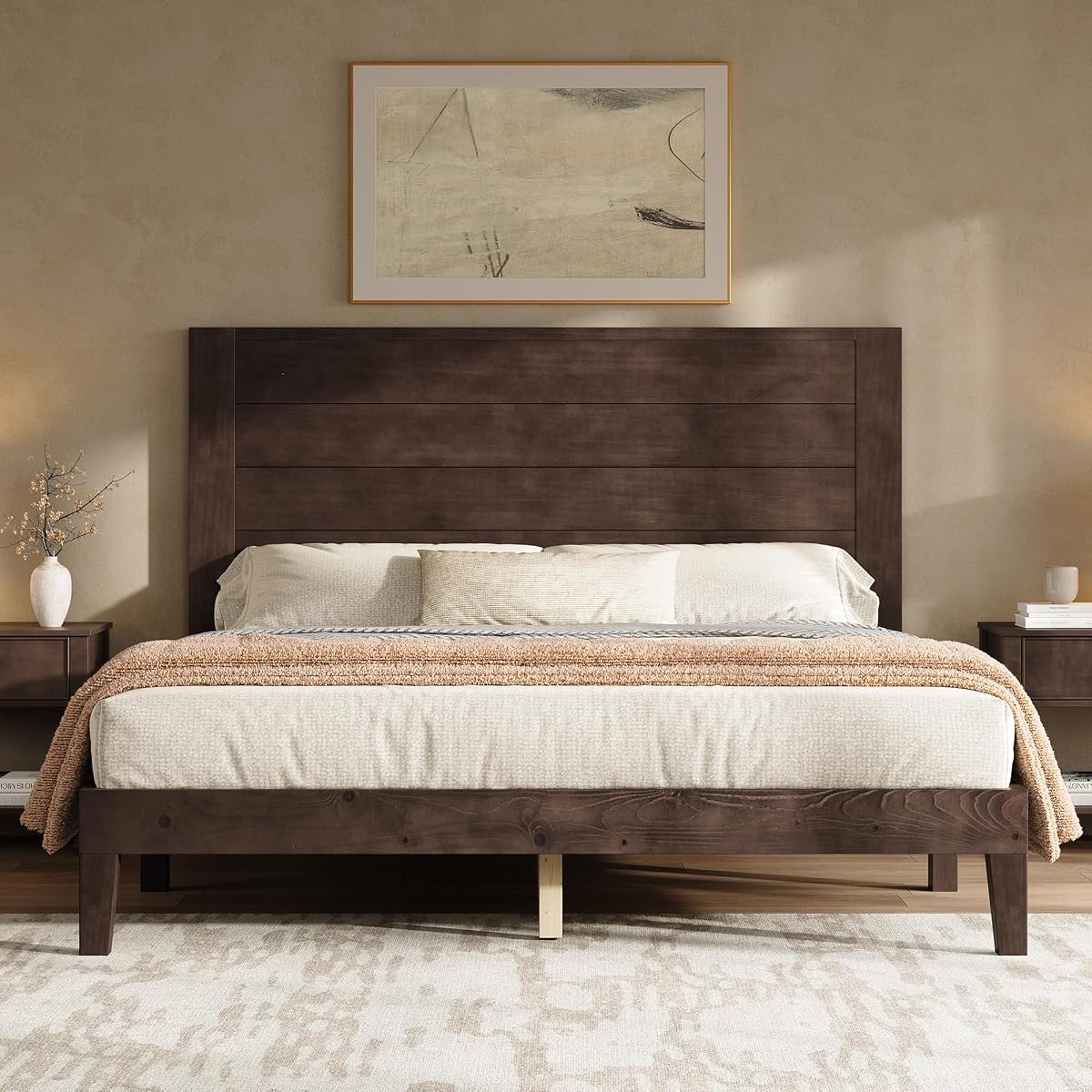 Queen Size Solid Wood Bed Frame with 48" Headboard Design, Walnut