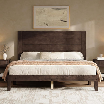 Queen Size Solid Wood Bed Frame with 48" Headboard Design, Walnut
