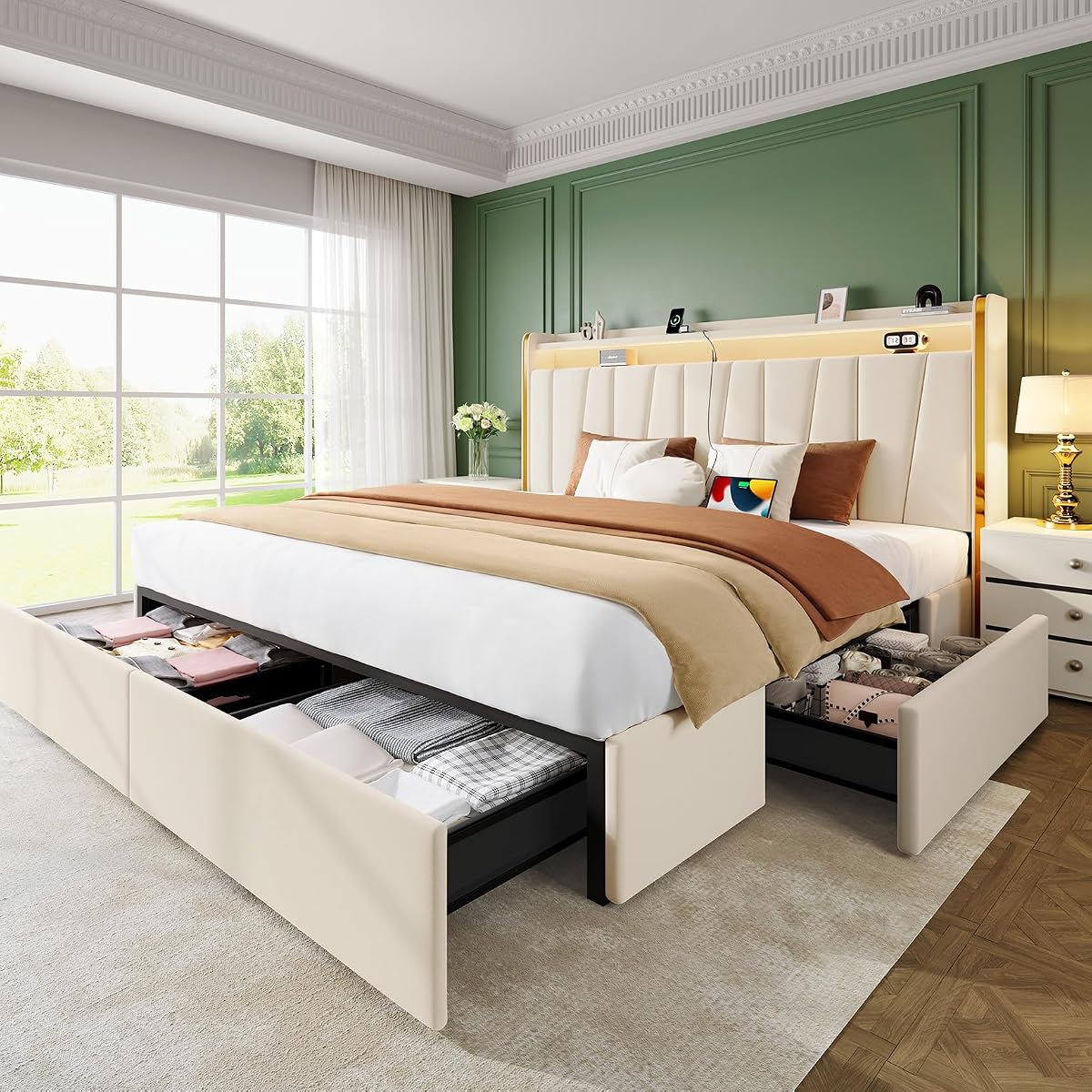 King Size Bed Frame Upholstered Headboard Storage Drawer Dustproof