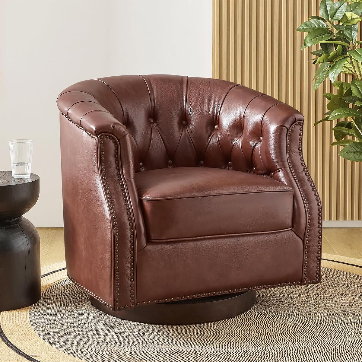 Genuine Leather Swivel Accent Chair, Swivel Rocker Barrel Chair, Traditional Chesterfield Armchair with Button-Tufted Design, No Assembly Required, Brown