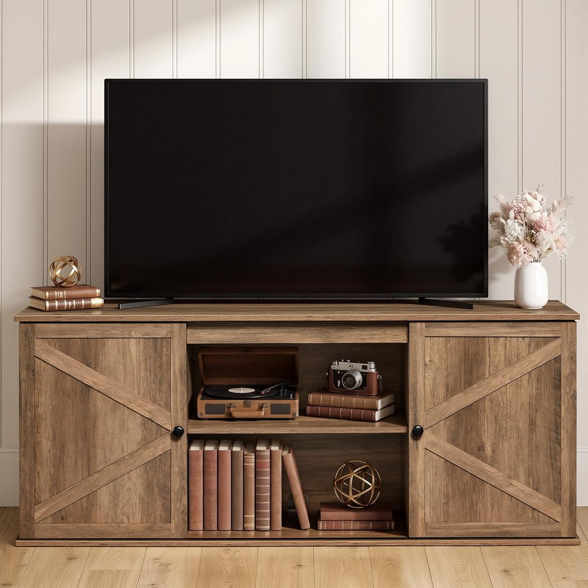 Farmhouse TV Stand for 65'' TV, Media Console, Sliding Barn Doors
