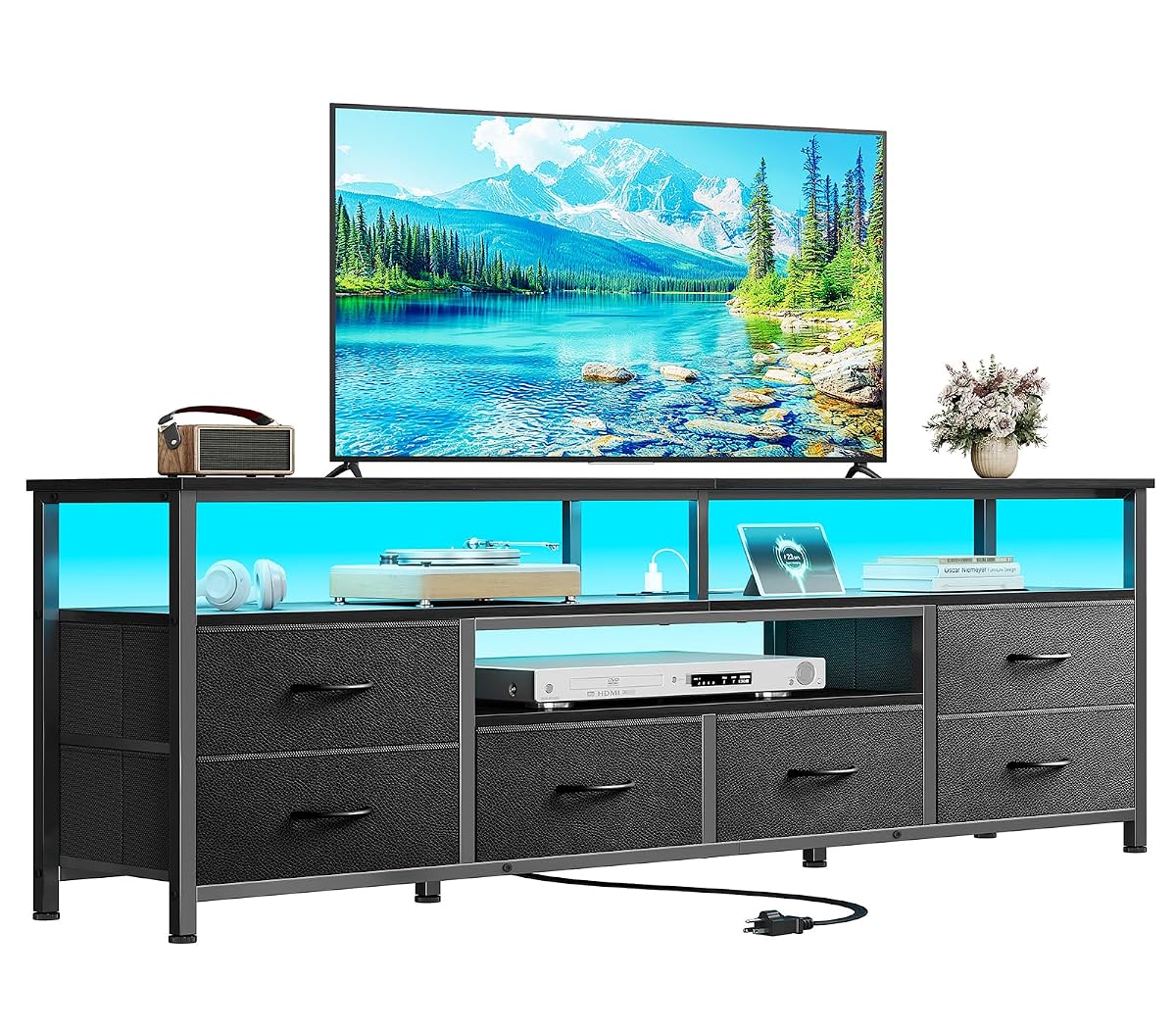 63'' LED TV Stand, Entertainment Center w/Power Outlets, Black