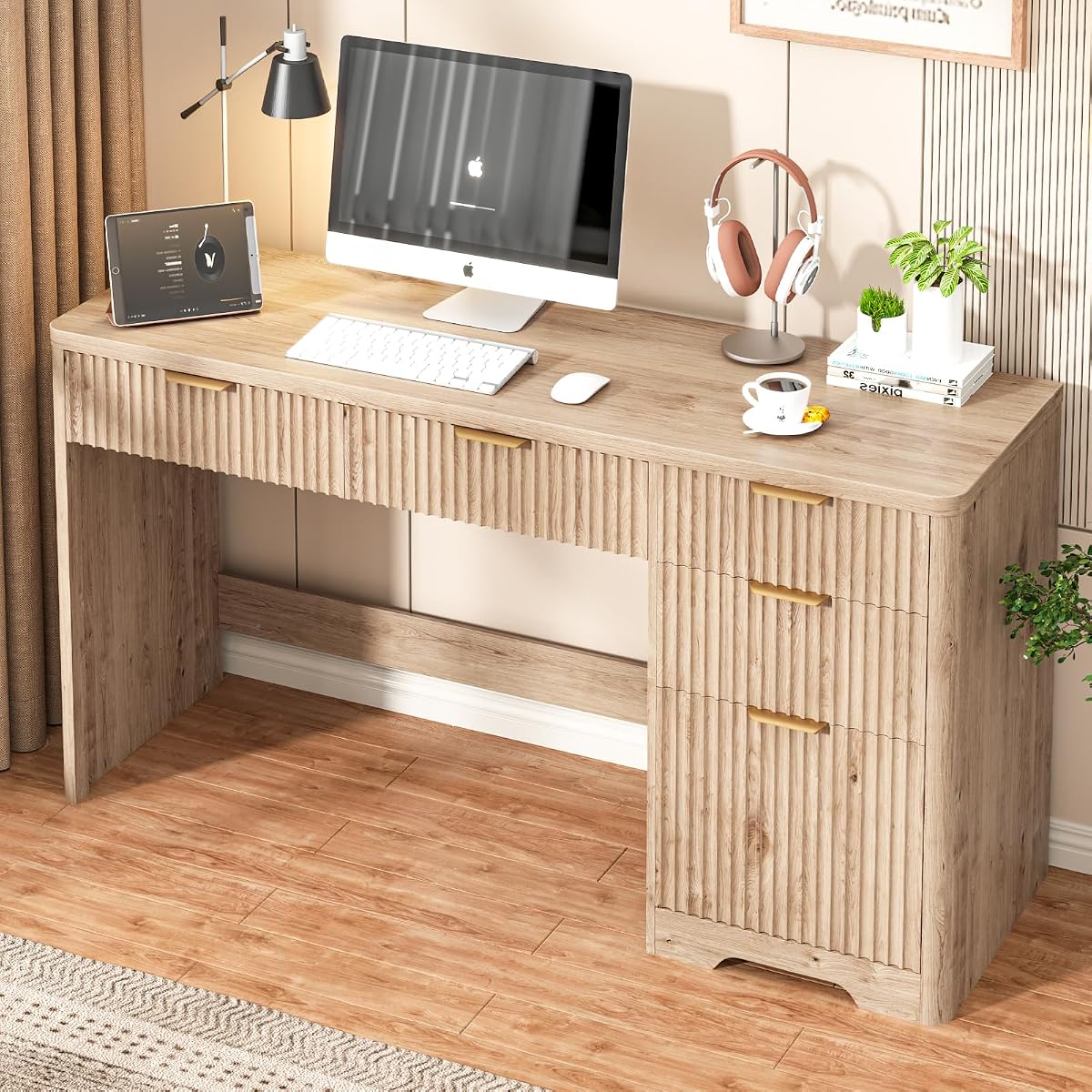 59" Fluted Executive Desk with Adjustable File Drawer, Oak