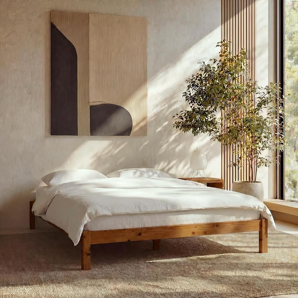Queen Bed Frame Classic Solid Pine Wood Platform, Noise Free, Under Bed Storage