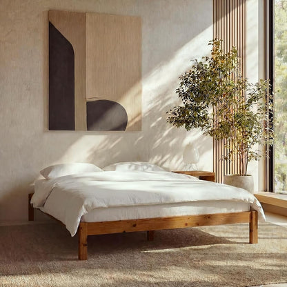 Queen Bed Frame Classic Solid Pine Wood Platform, Noise Free, Under Bed Storage