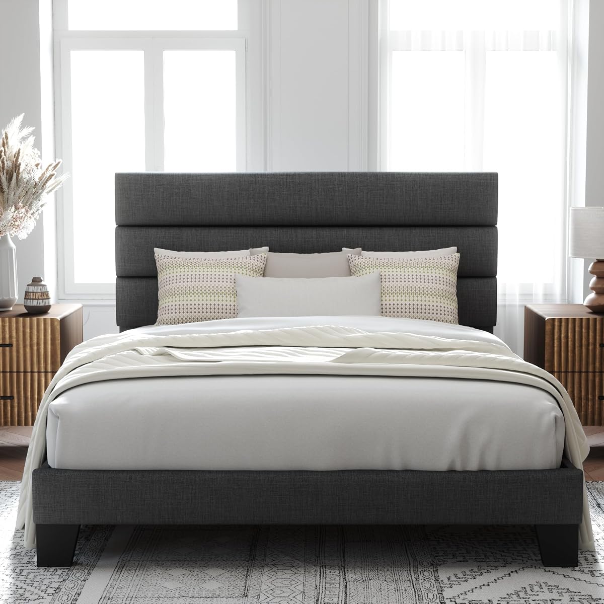 Gray Platform Bed with Fabric Headboard