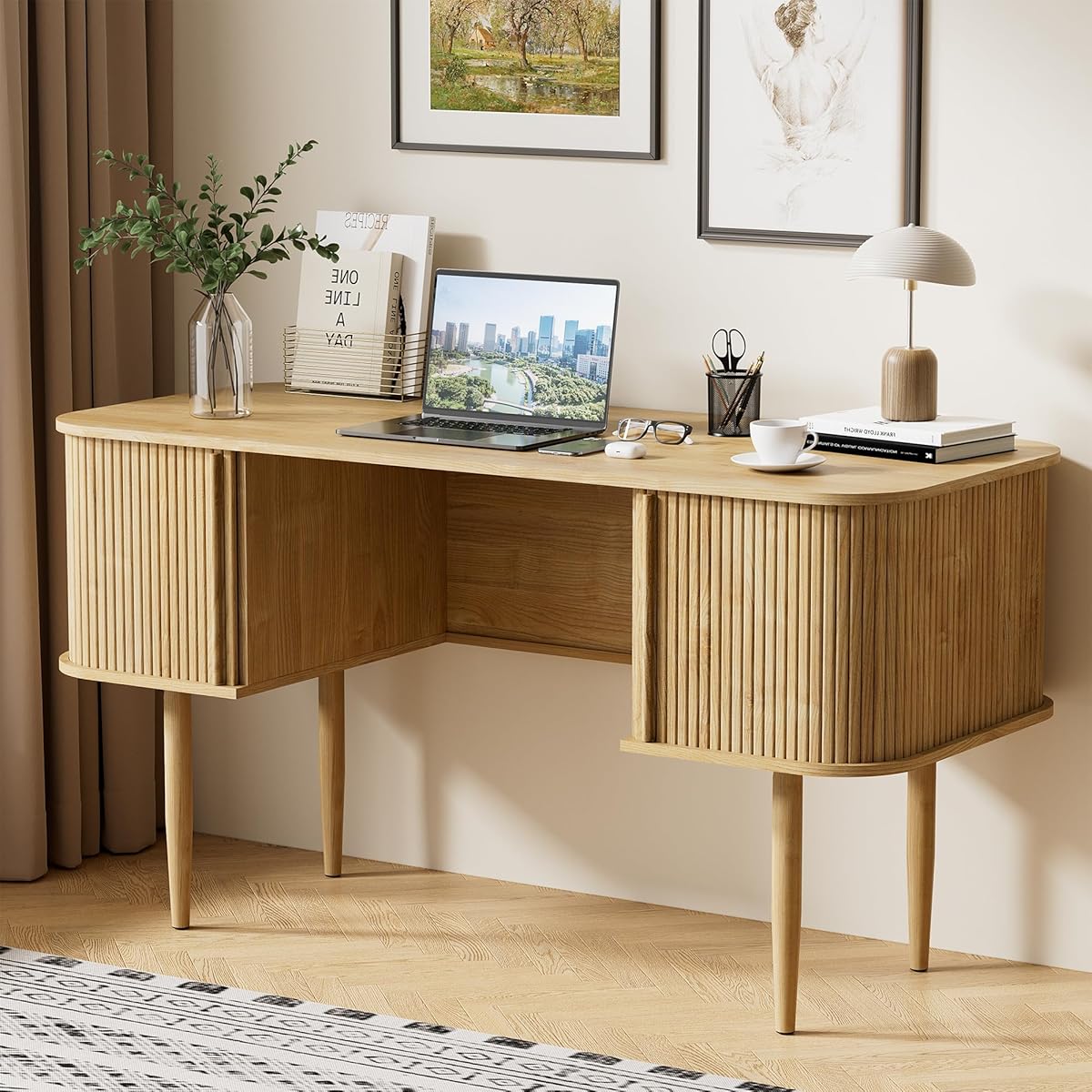 55" Modern Writing Desk with Sliding Doors, Wood Home Office Desk with Storage, Computer Desk for Study, Living Room, Dorm, Natural