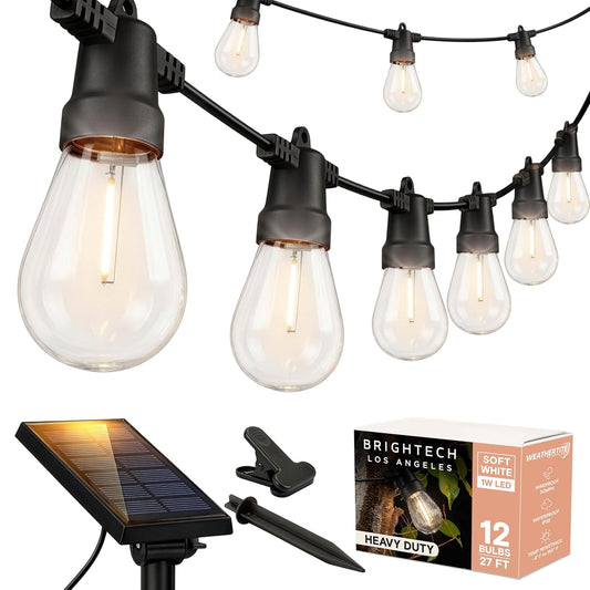 Ambience Pro Solar Powered Outdoor String Lights -27 ft Commercial Grade Waterproof Edison Patio Lights, Shatterproof LED String Lights for Outside, Porch - 12 Bulbs, 1W Soft White