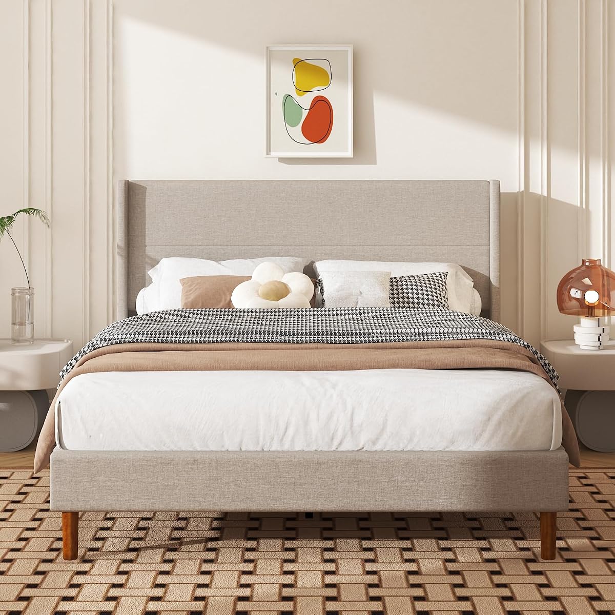 Queen Size Linen Platform Bed Frame with Wingback Upholstered Headboard