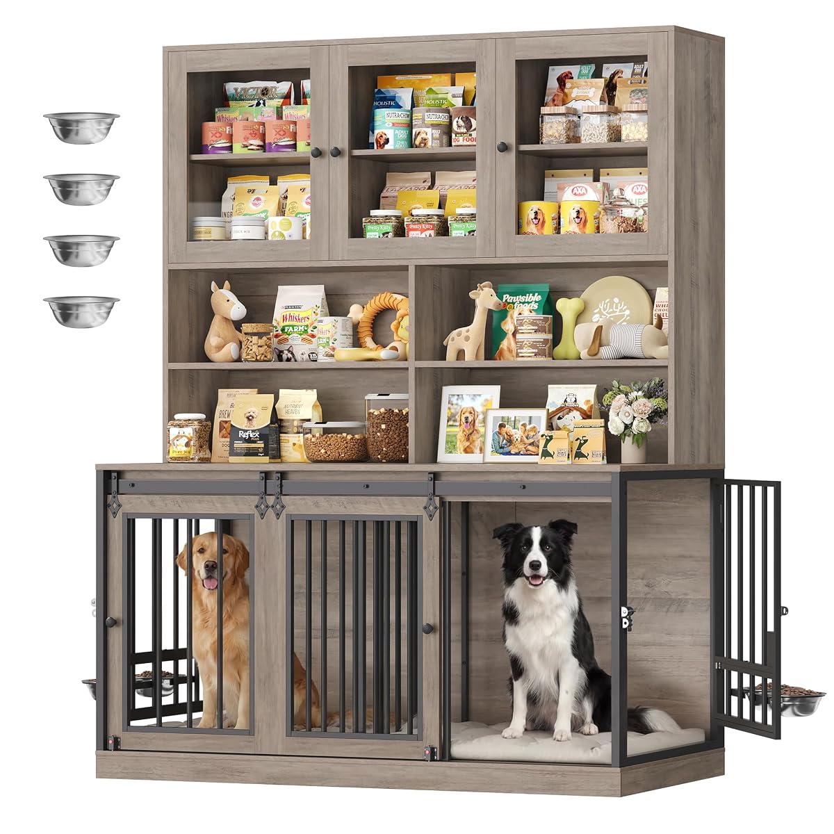 71" Tall Dog Crate Furniture, Indoor Dog Kennel with Storage, Grey