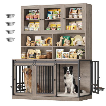 71" Tall Dog Crate Furniture, Indoor Dog Kennel with Storage, Grey