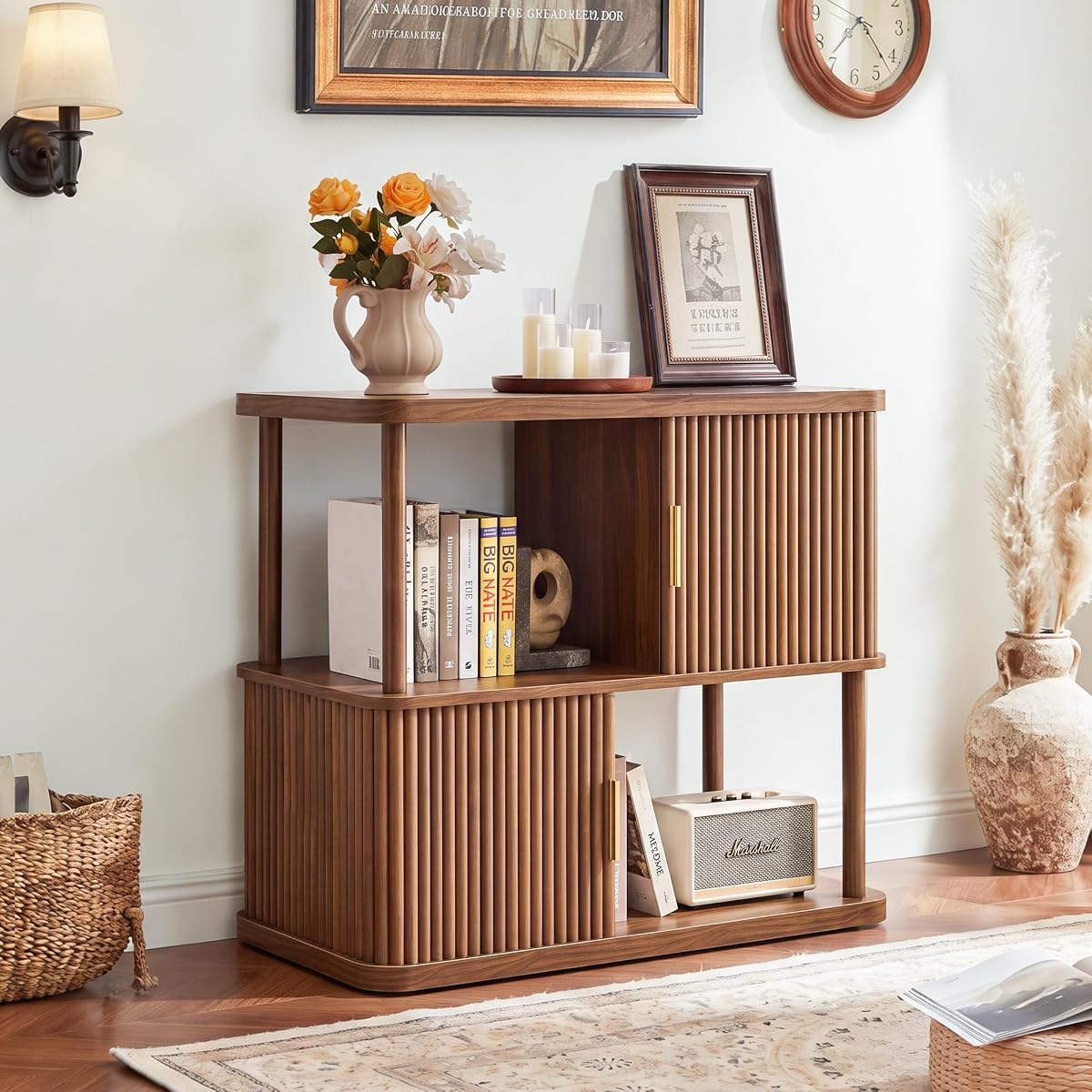 2-Tier Walnut Bookshelf 4-Cube Display Bookcase with Sliding Doors
