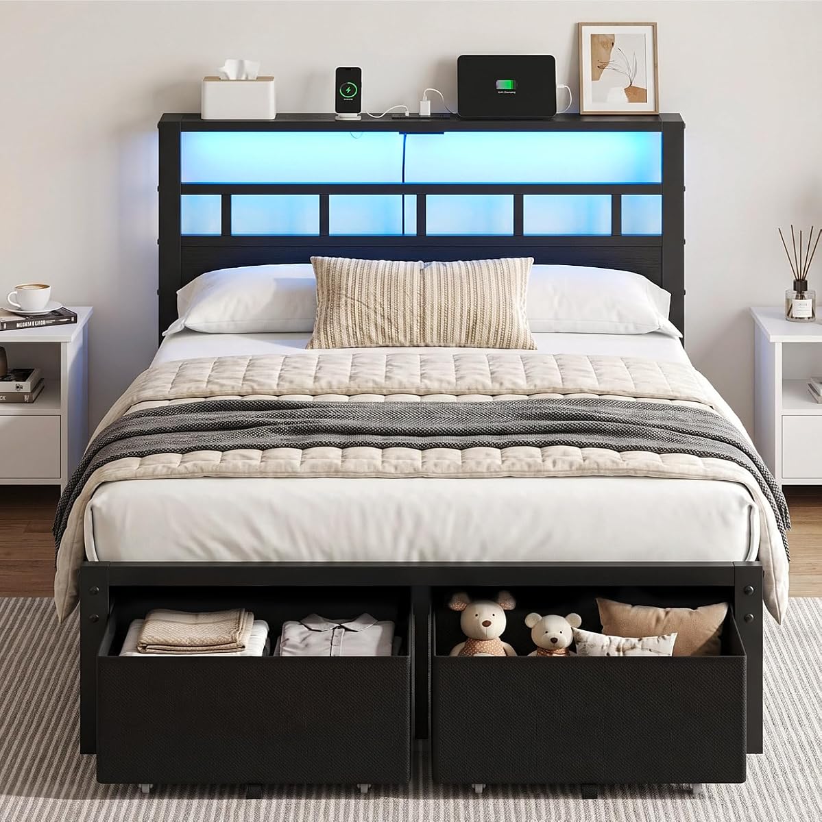 Full Size Bed Frame with 2 Storage Drawers & Headboard