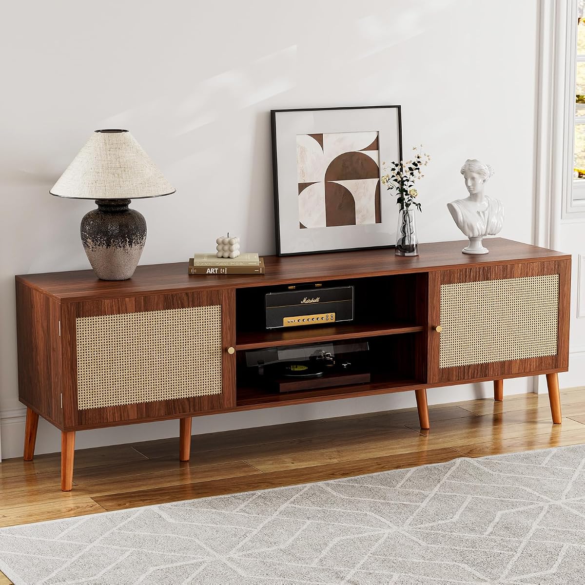 TV Stand with Rattan Doors for TVs up to 65", Mid-Century, Walnut