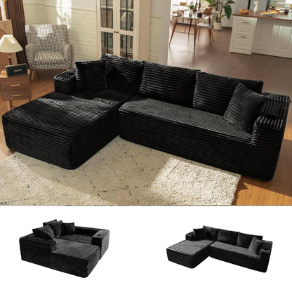 106" L Shaped Cloud Sectional Couch with Chaise, Corduroy Boneless Couch with Wide Armrests and Cup Holders for Living Room Bedroom, No Assembly Required (Black)