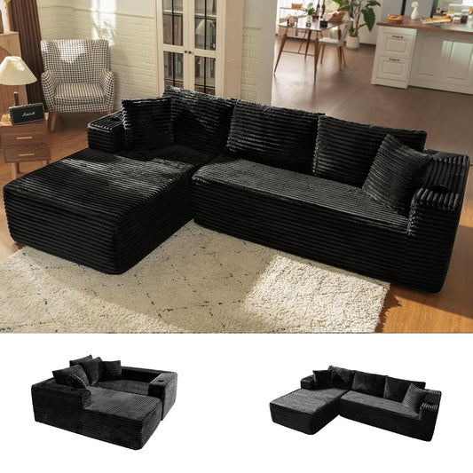 106" L Shaped Cloud Sectional Couch with Chaise, Corduroy Boneless Couch with Wide Armrests and Cup Holders for Living Room Bedroom, No Assembly Required (Black)