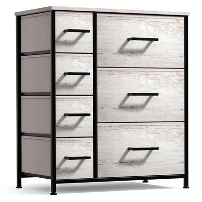 Dresser with 7 Faux Wood Drawers - Storage Unit Organizer Chest for Clothes - Bedroom, Hallway, Living Room, Closet, & Dorm Furniture - Steel Frame, Wood Top, & Easy Pull Fabric Bins