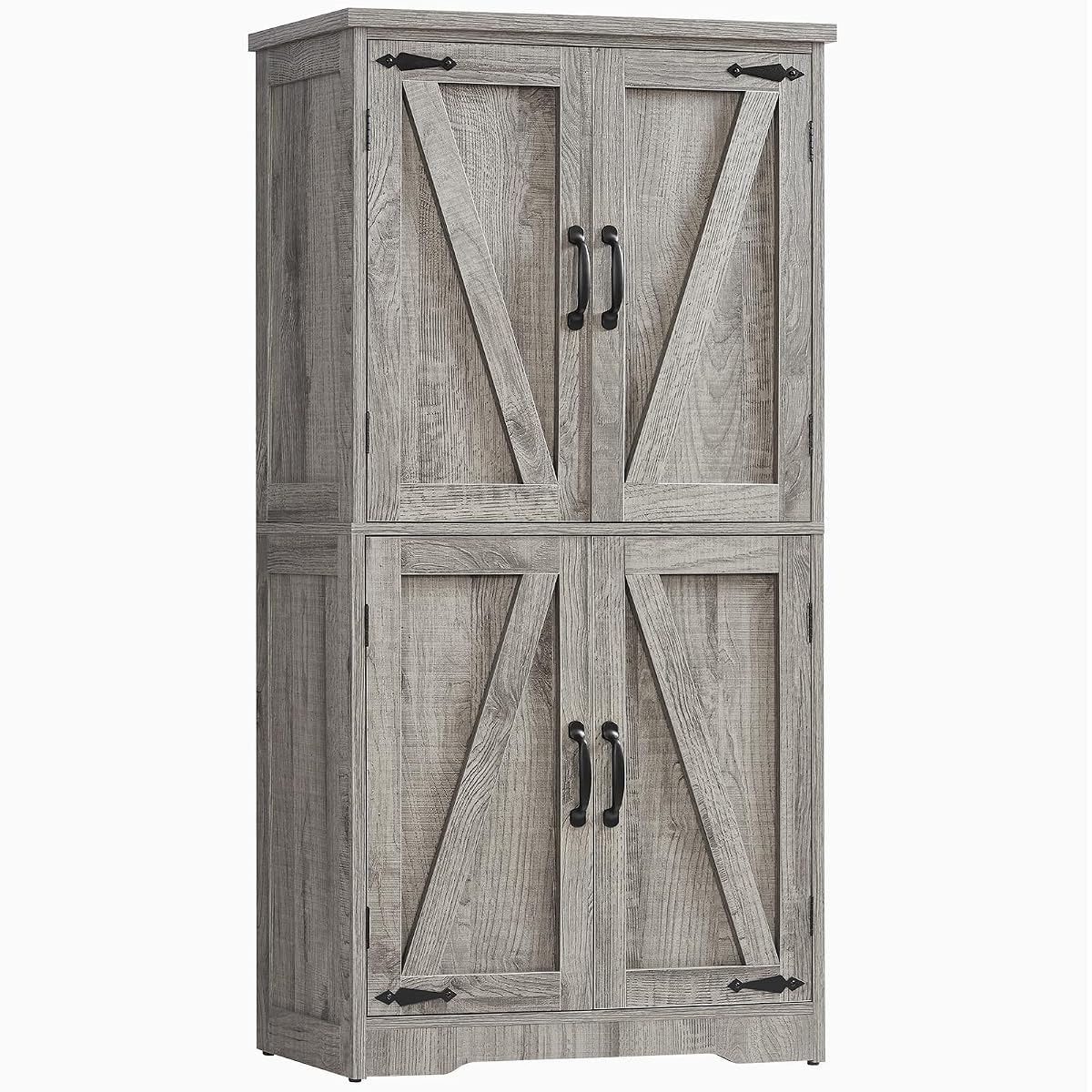 Farmhouse Storage Cabinet with 2 Adjustable Shelves, Bathroom Cabinet with 4 Doors, Cupboard for Kitchen, Living Room, Rustic Gray